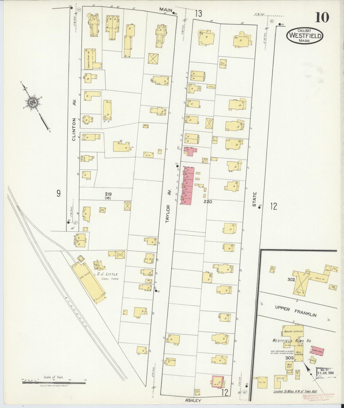 Sanborn Fire Insurance Map from Westfield, Hampden County, Massachusetts (1917), Sheet #0010 - Historic Sanborn Fire Insurance Map Print, vintage old map wall art, antique decor, genealogy gift, Massachusetts Massachusetts map
