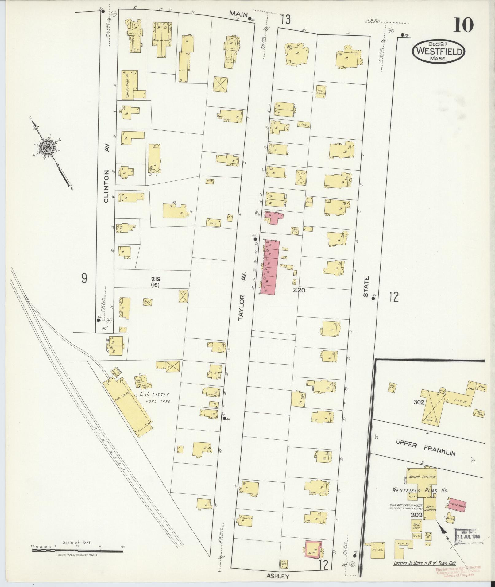 Sanborn Fire Insurance Map from Westfield, Hampden County, Massachusetts (1917), Sheet #0010 - Historic Sanborn Fire Insurance Map Print, vintage old map wall art, antique decor, genealogy gift, Massachusetts Massachusetts map