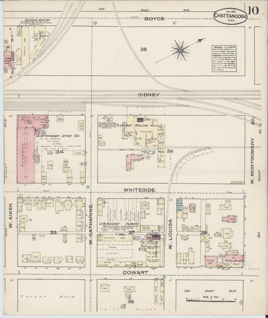 Sanborn Fire Insurance Map from Chattanooga, Hamilton County, Tennessee (1885), Sheet #0010 - Historic Sanborn Fire Insurance Map Print, vintage old map wall art, antique decor, genealogy gift, Tennessee Tennessee map