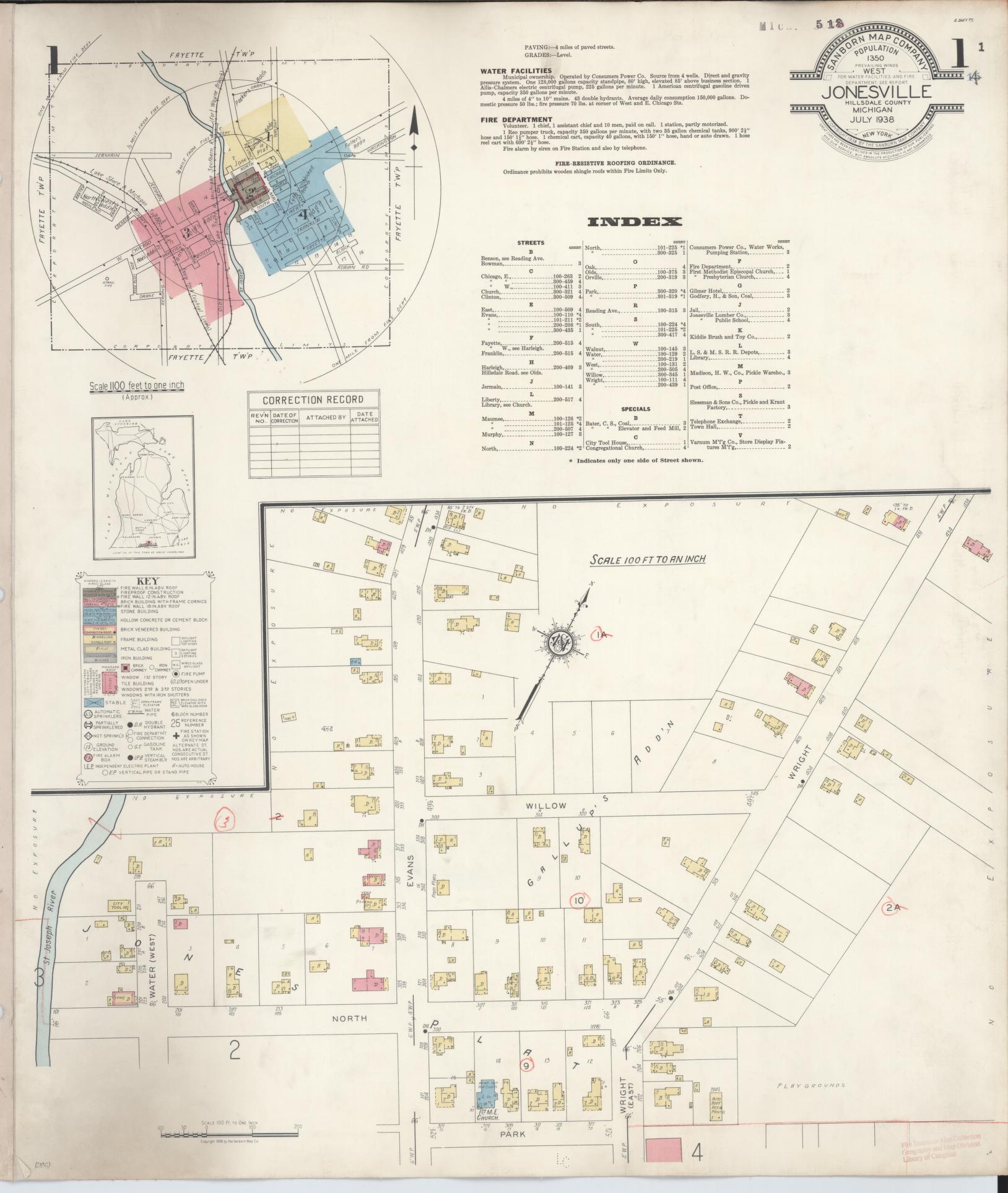 Sanborn Fire Insurance Map from Jonesville, Hillsdale County, Michigan (1938), Sheet #0001 - Complete Map Set gallery image, historic Sanborn map, vintage wall art, Michigan Michigan