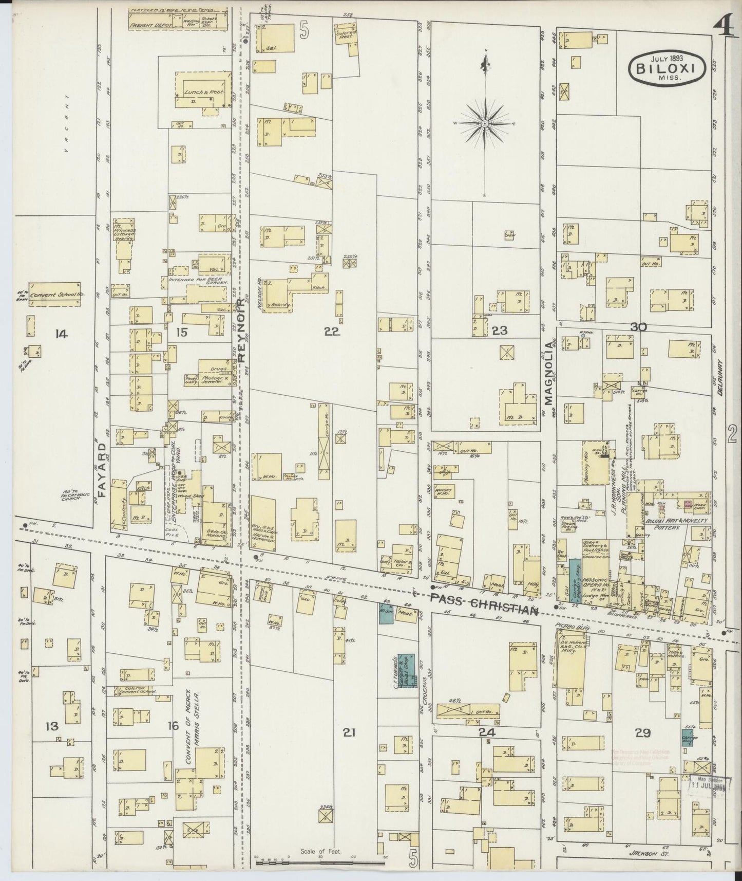 Sanborn Fire Insurance Map from Biloxi, Harrison County, Mississippi (1893), Sheet #0004 - Historic Sanborn Fire Insurance Map Print, vintage old map wall art, antique decor, genealogy gift, Mississippi Mississippi map