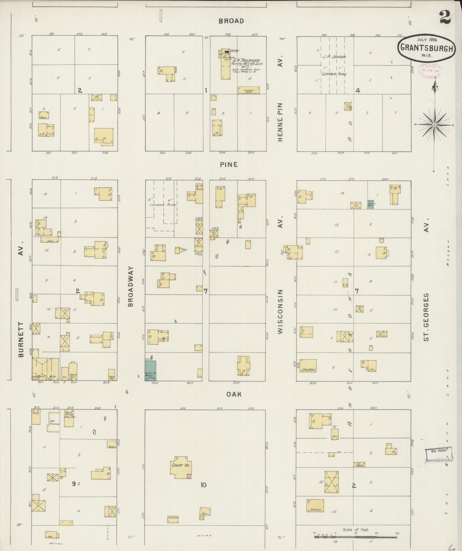 Sanborn Fire Insurance Map from Grantsburg, Burnett County, Wisconsin (1894), Sheet #0002 - Historic Sanborn Fire Insurance Map Print, vintage old map wall art, antique decor, genealogy gift, Wisconsin Wisconsin map