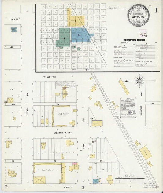 Sanborn Fire Insurance Map from Midland, Midland County, Texas (1909), Sheet #0001 - Historic Sanborn Fire Insurance Map Print, vintage old map wall art, antique decor, genealogy gift, Texas Texas map