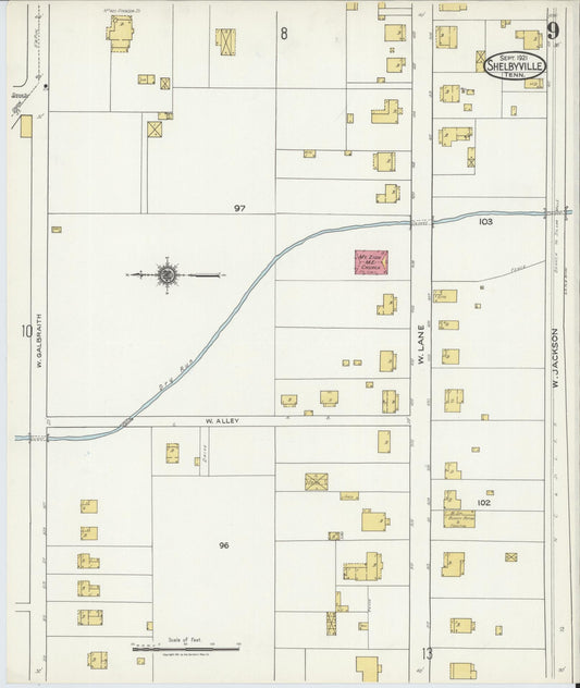 Sanborn Fire Insurance Map from Shelbyville, Bedford County, Tennessee (1921), Sheet #0009 - Historic Sanborn Fire Insurance Map Print, vintage old map wall art, antique decor, genealogy gift, Tennessee Tennessee map