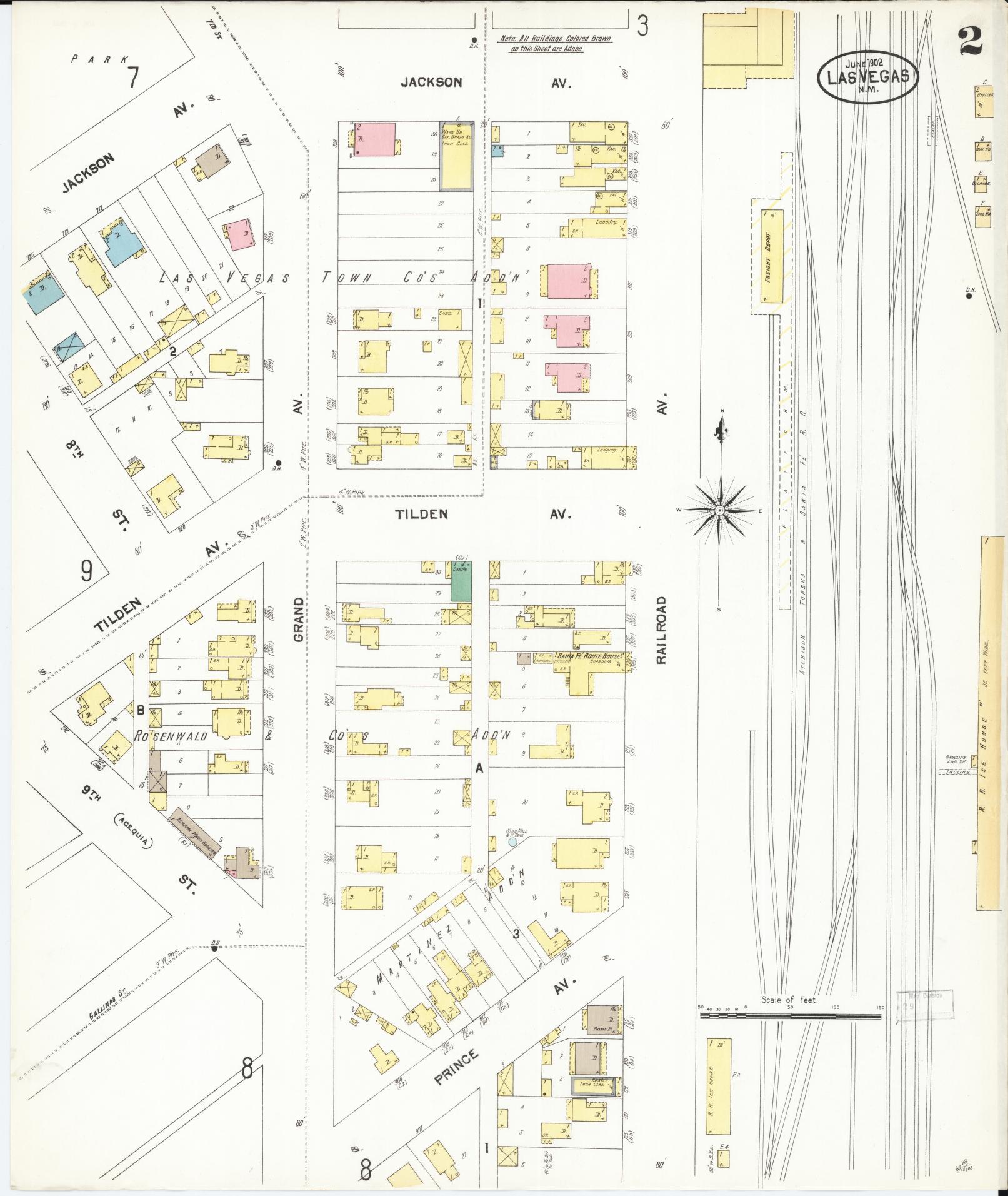 Sanborn Fire Insurance Map from Las Vegas, San Miguel County, New Mexico (1902), Sheet #0002 - Historic Sanborn Fire Insurance Map Print, vintage old map wall art, antique decor, genealogy gift, New Mexico New Mexico map