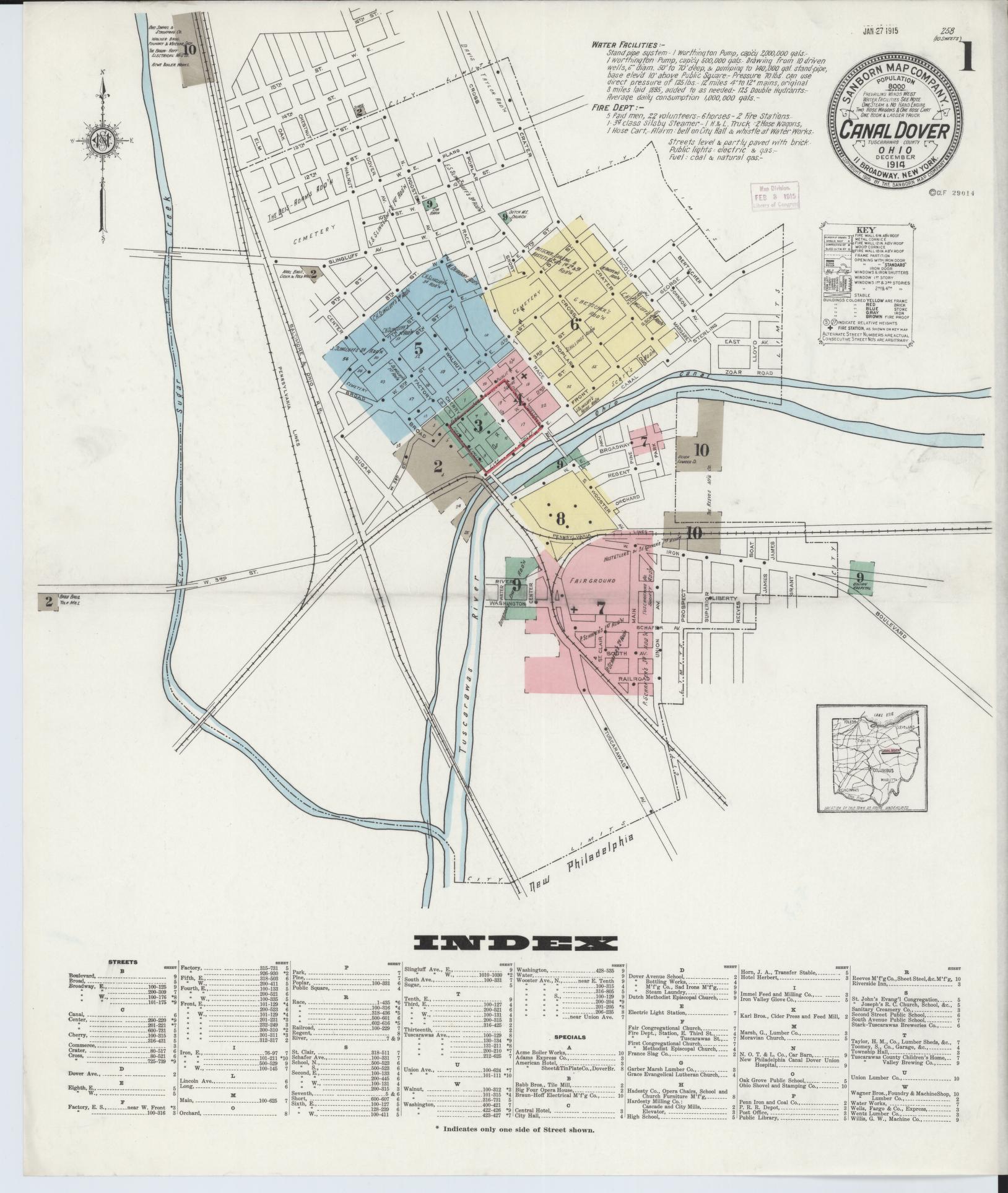Sanborn Fire Insurance Map from Canal Dover, Tuscarawas County, Ohio (1914), Sheet #0001 - Historic Sanborn Fire Insurance Map Print, vintage old map wall art, antique decor, genealogy gift, Ohio Ohio map