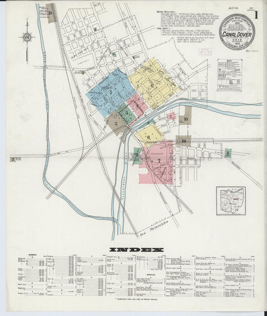 Sanborn Fire Insurance Map from Canal Dover, Tuscarawas County, Ohio (1914), Sheet #0001 - Historic Sanborn Fire Insurance Map Print, vintage old map wall art, antique decor, genealogy gift, Ohio Ohio map