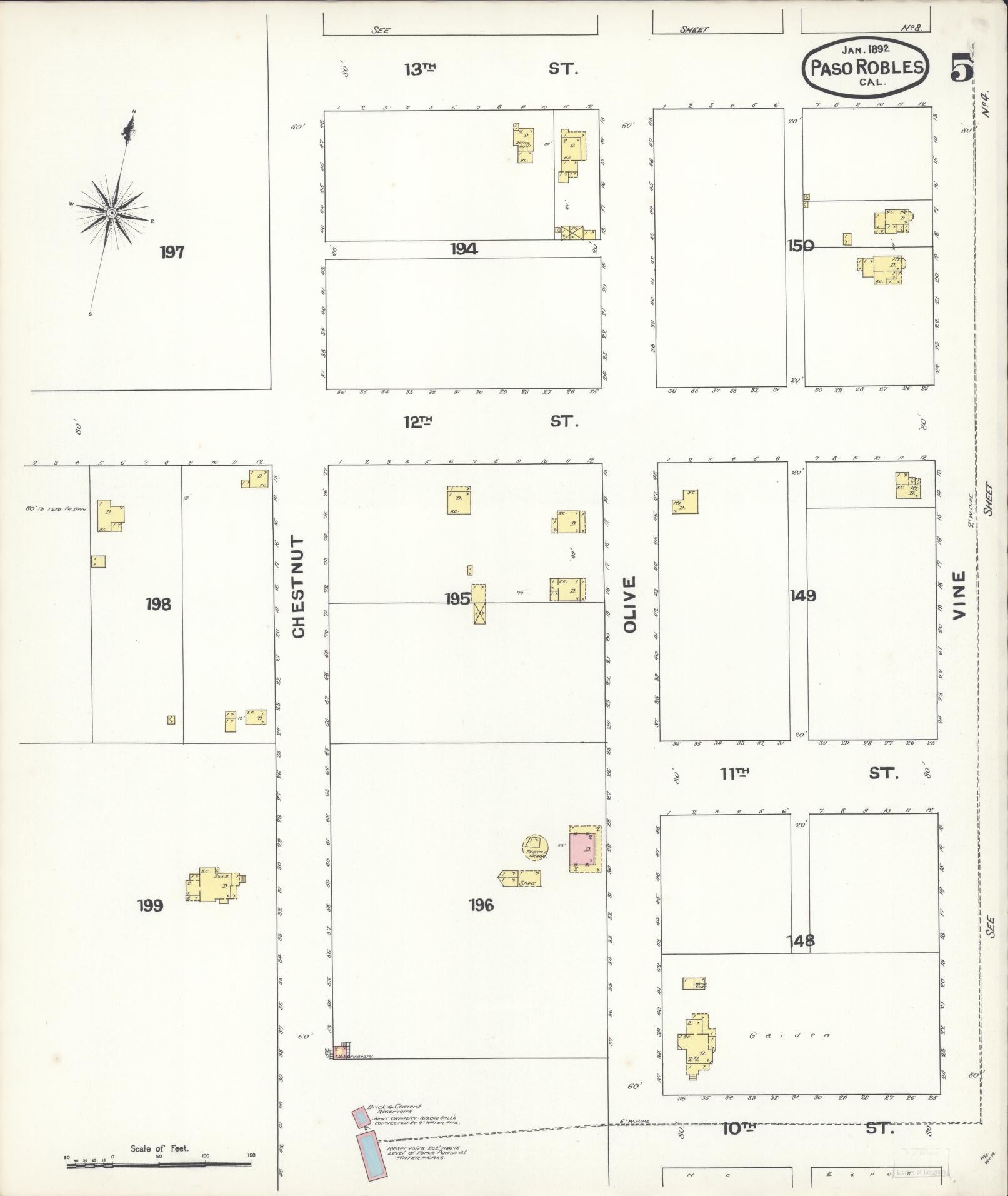 Sanborn Fire Insurance Map from Paso Robles, San Luis Obispo County, California (1892), Sheet #0005 - Complete Map Set gallery image, historic Sanborn map, vintage wall art, California California