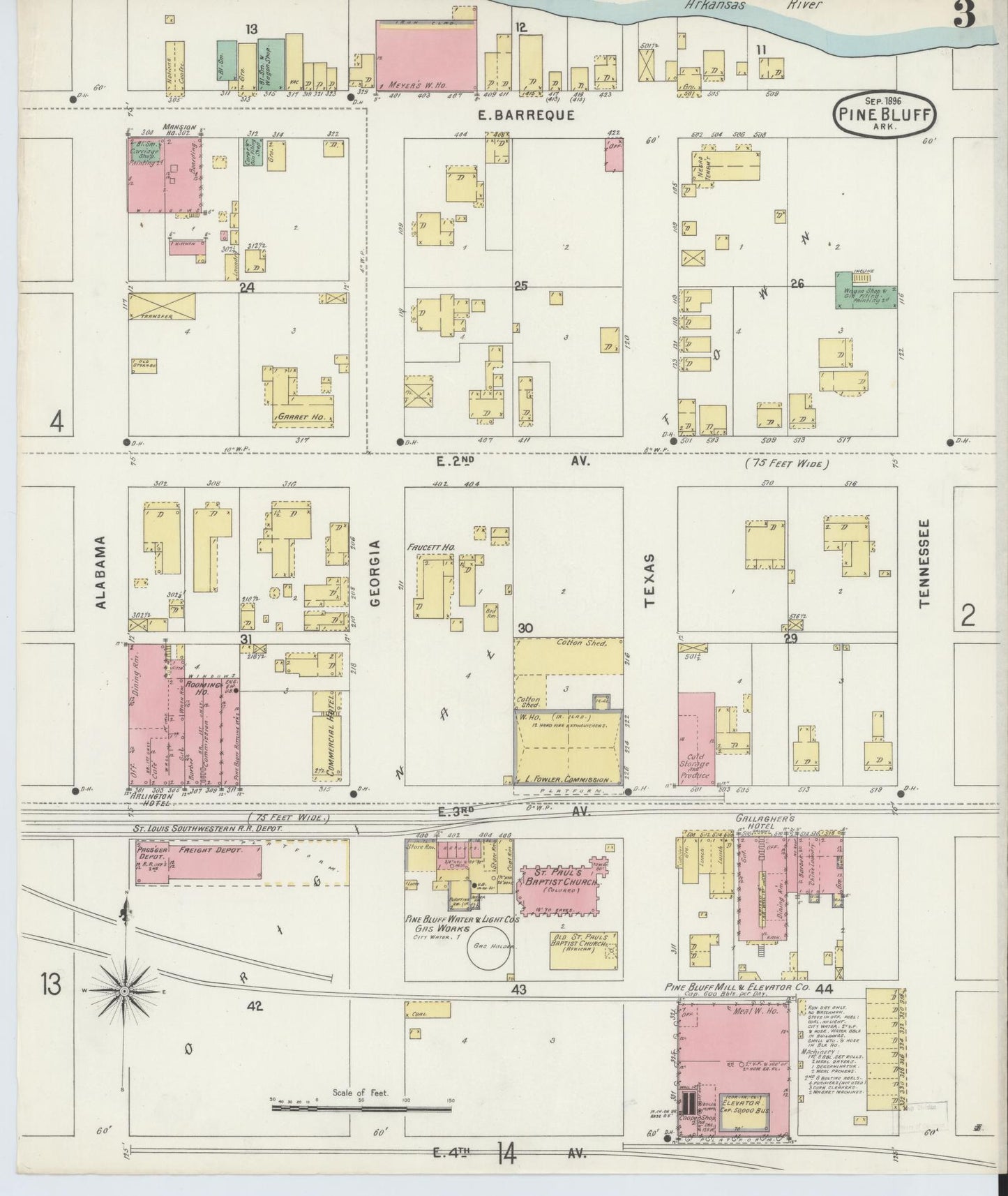 Sanborn Fire Insurance Map from Pine Bluff, Jefferson County, Arkansas (1896), Sheet #0003 - Complete Map Set gallery image, historic Sanborn map, vintage wall art, Arkansas Arkansas