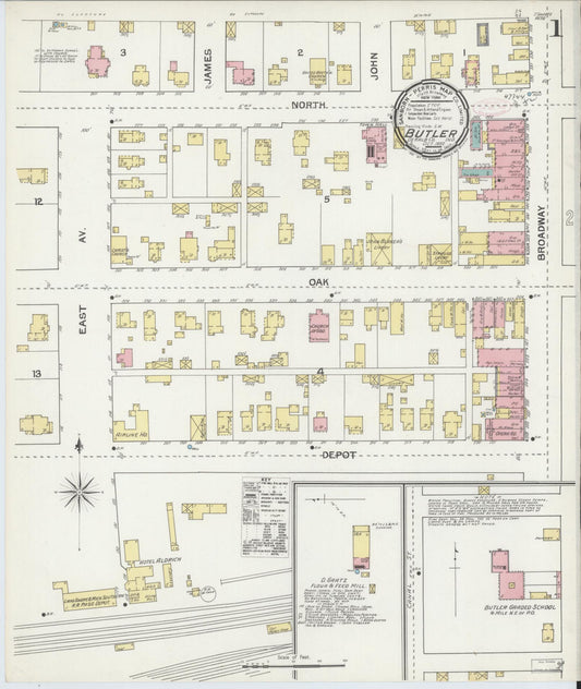 Sanborn Fire Insurance Map from Butler, De Kalb County, Indiana (1892), Sheet #0001 - Complete Map Set gallery image, historic Sanborn map, vintage wall art, Indiana Indiana