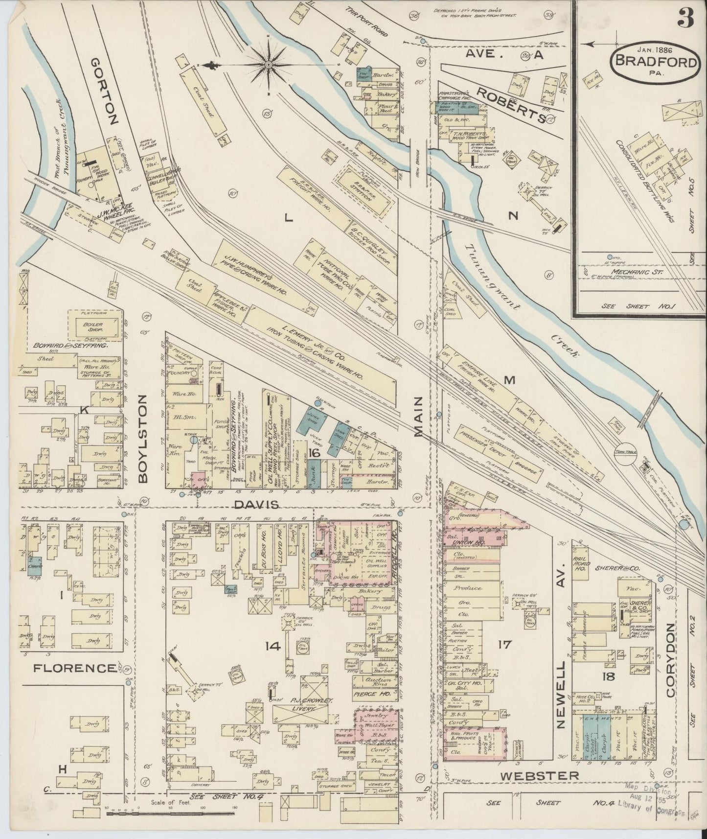 Sanborn Fire Insurance Map from Bradford, McKean County, Pennsylvania (1886), Sheet #0003 - Historic Sanborn Fire Insurance Map Print, vintage old map wall art, antique decor, genealogy gift, Pennsylvania Pennsylvania map