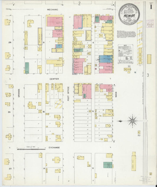 Sanborn Fire Insurance Map from Weimar, Colorado County, Texas (1907), Sheet #0001 - Complete Map Set gallery image, historic Sanborn map, vintage wall art, Texas Texas
