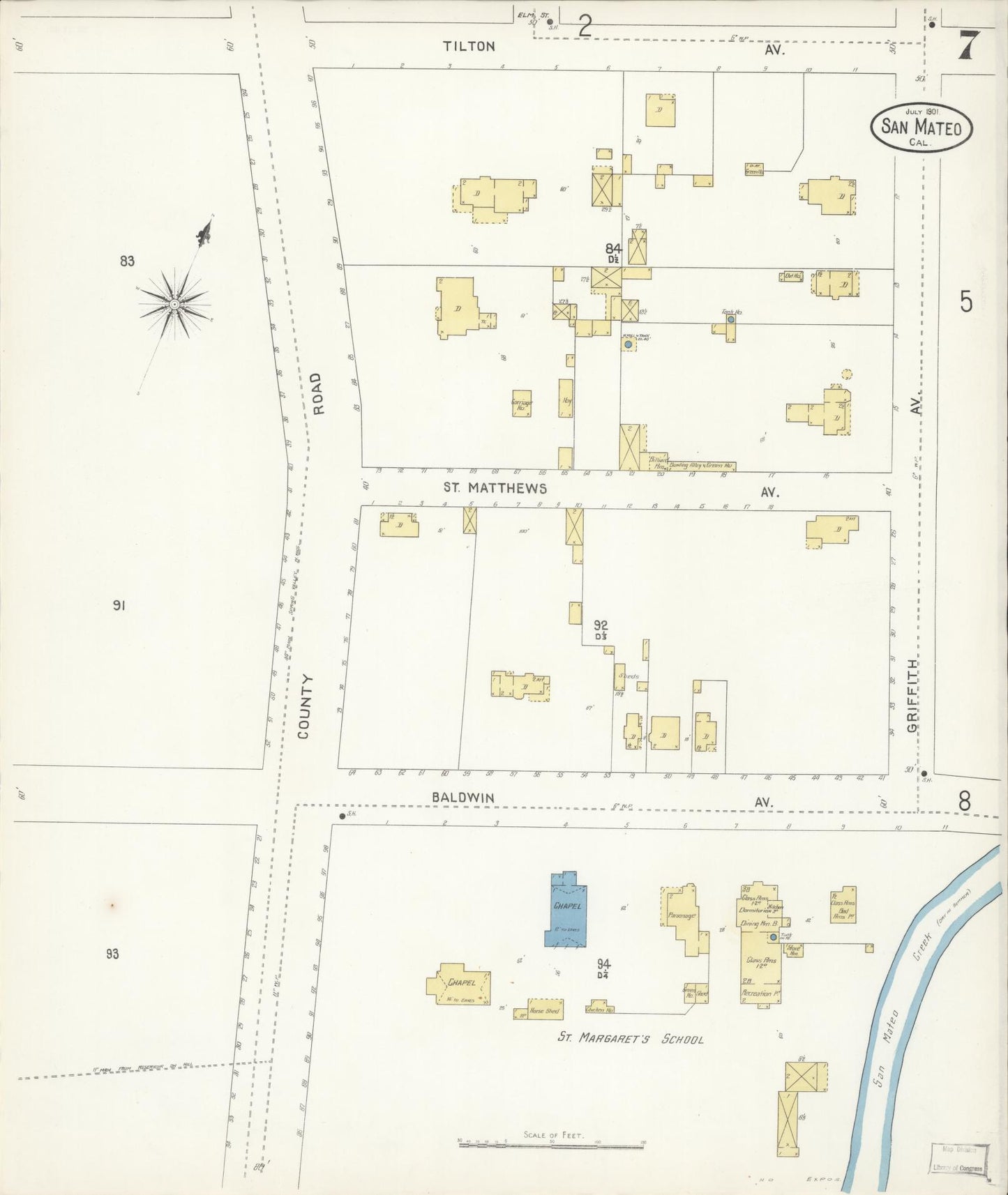 Sanborn Fire Insurance Map from San Mateo, San Mateo County, California (1901), Sheet #0007 - Complete Map Set gallery image, historic Sanborn map, vintage wall art, California California
