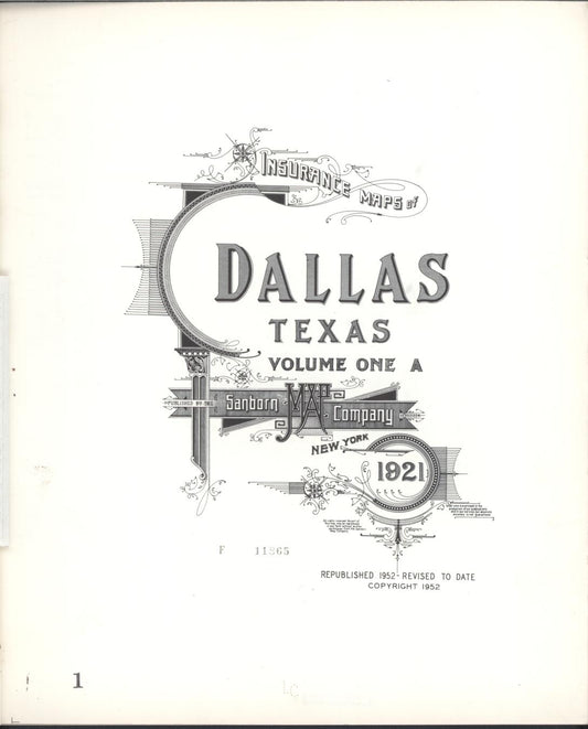 Sanborn Fire Insurance Map from Dallas, Dallas County, Texas (1952), Sheet #0001 - Historic Sanborn Fire Insurance Map Print, vintage old map wall art, antique decor, genealogy gift, Texas Texas map