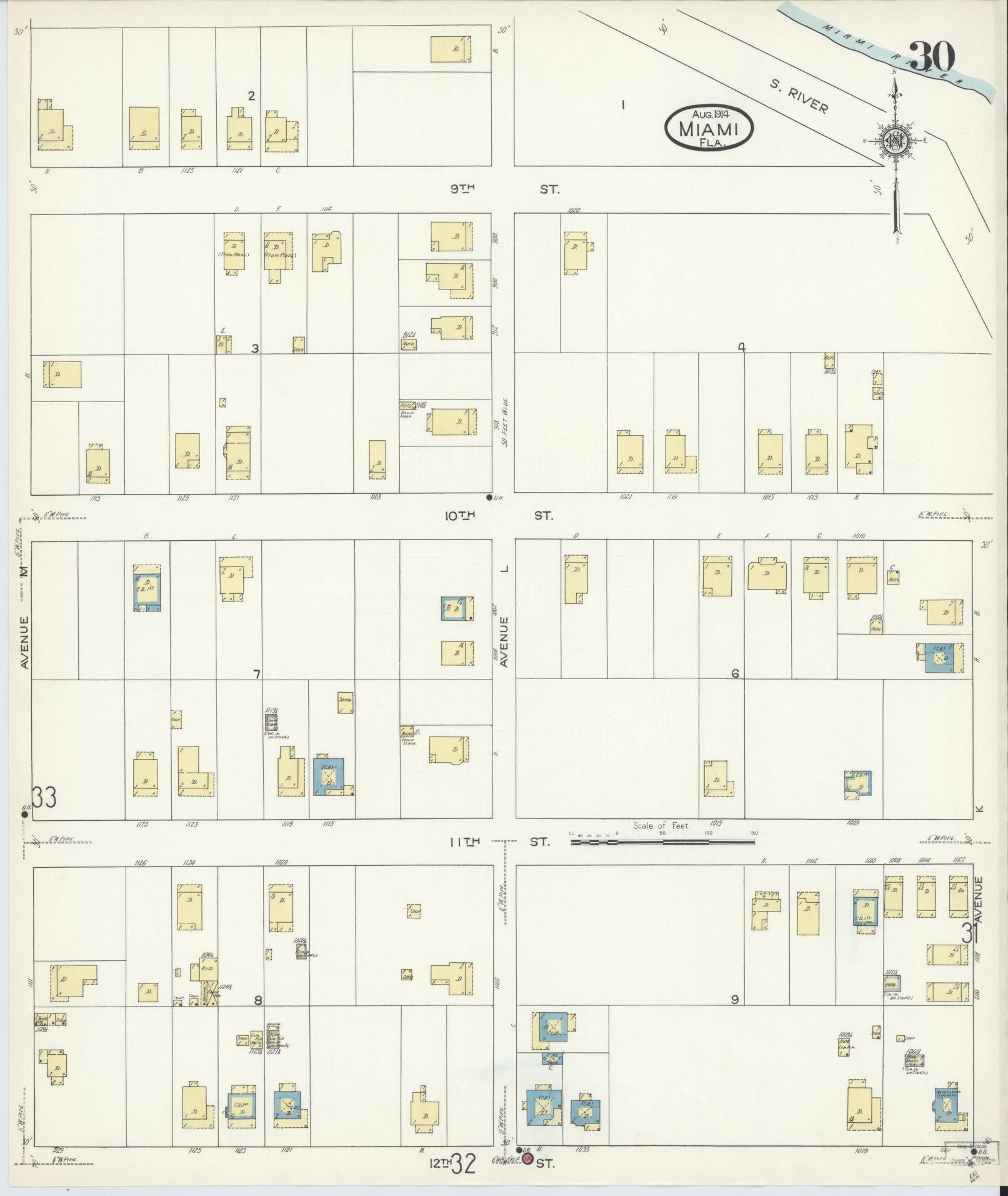 Sanborn Fire Insurance Map from Miami, Dade County, Florida (1914), Sheet #0030 - Complete Map Set gallery image, historic Sanborn map, vintage wall art, Florida Florida