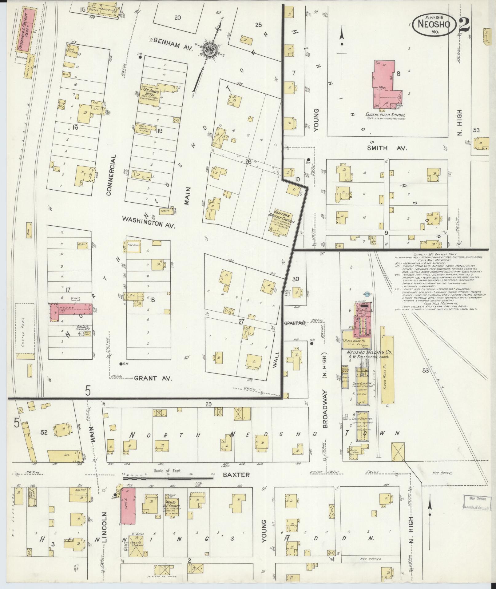 Sanborn Fire Insurance Map from Neosho, Newton County, Missouri (1916), Sheet #0002 - Historic Sanborn Fire Insurance Map Print, vintage old map wall art, antique decor, genealogy gift, Missouri Missouri map