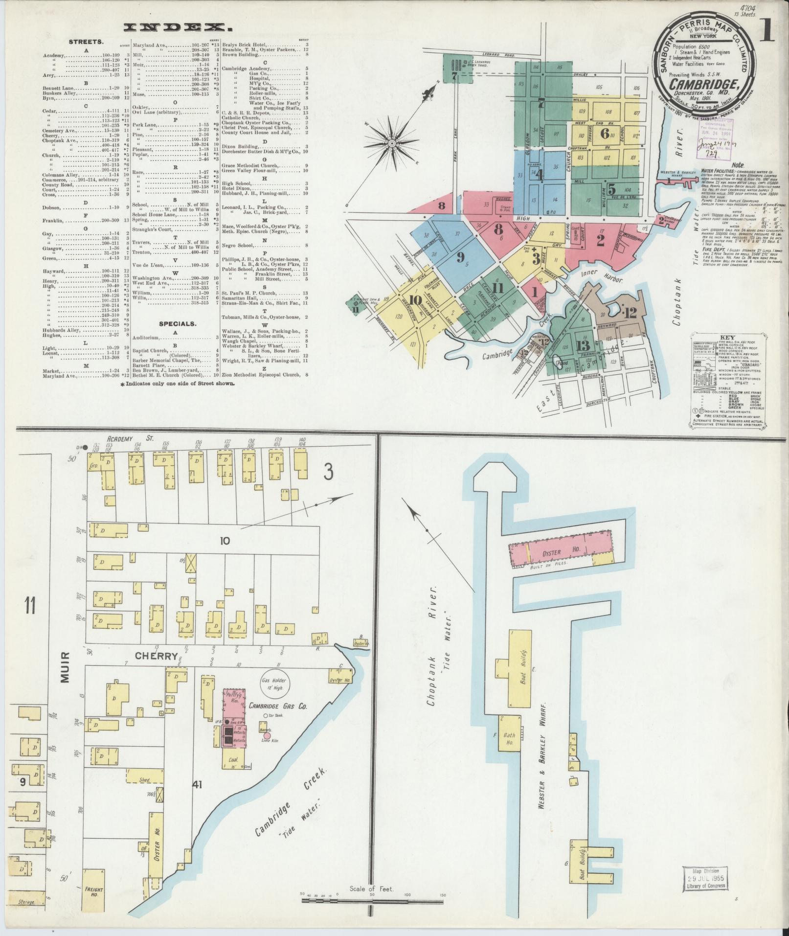 Complete Set - Dorchester, Maryland - 1901 - Sanborn Fire Insurance Map (All Sheets) - Complete Set of 13 Sanborn map sheets