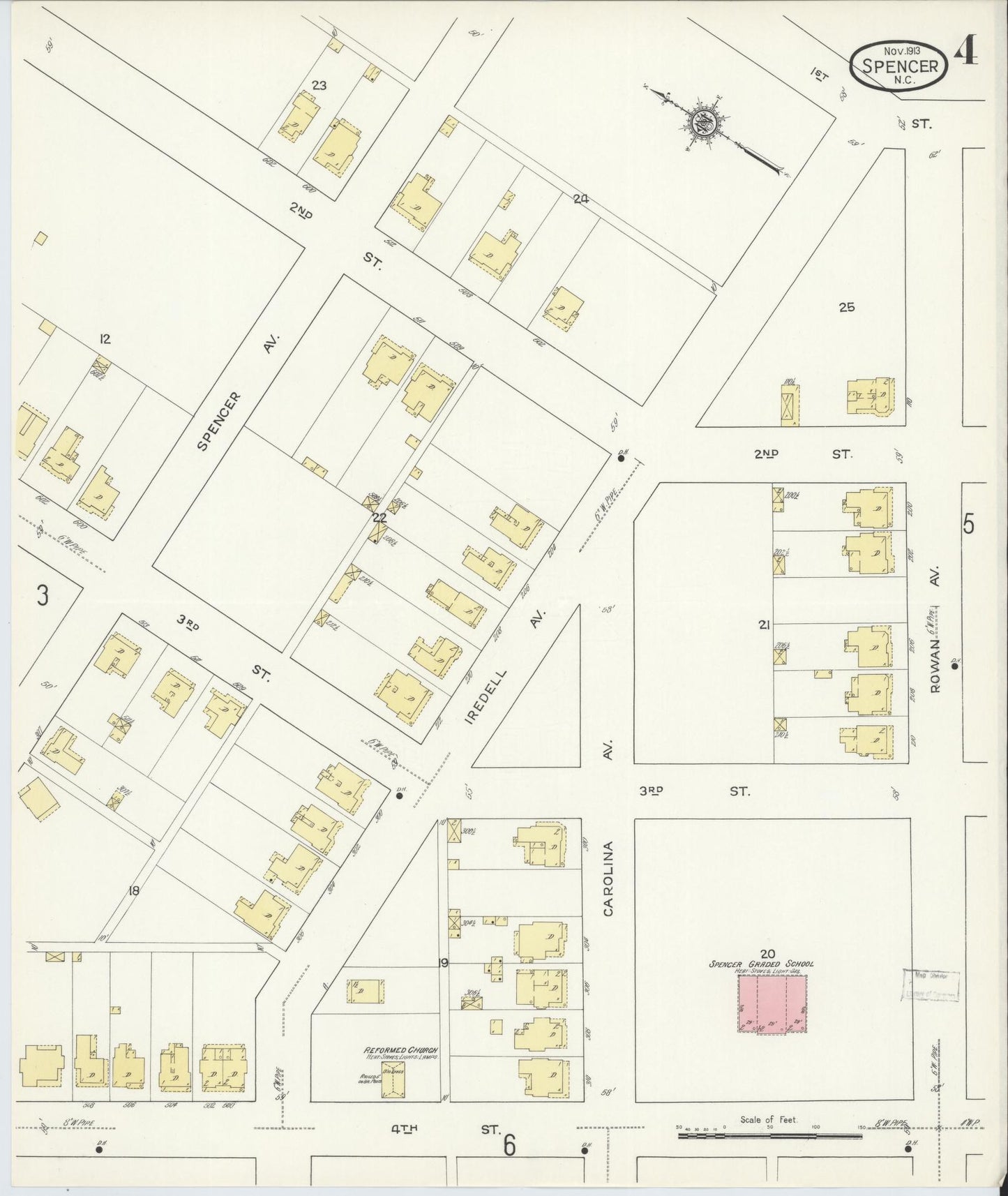 Sanborn Fire Insurance Map from Spencer, Rowan County, North Carolina (1913), Sheet #0004 - Complete Map Set gallery image, historic Sanborn map, vintage wall art, North Carolina North Carolina