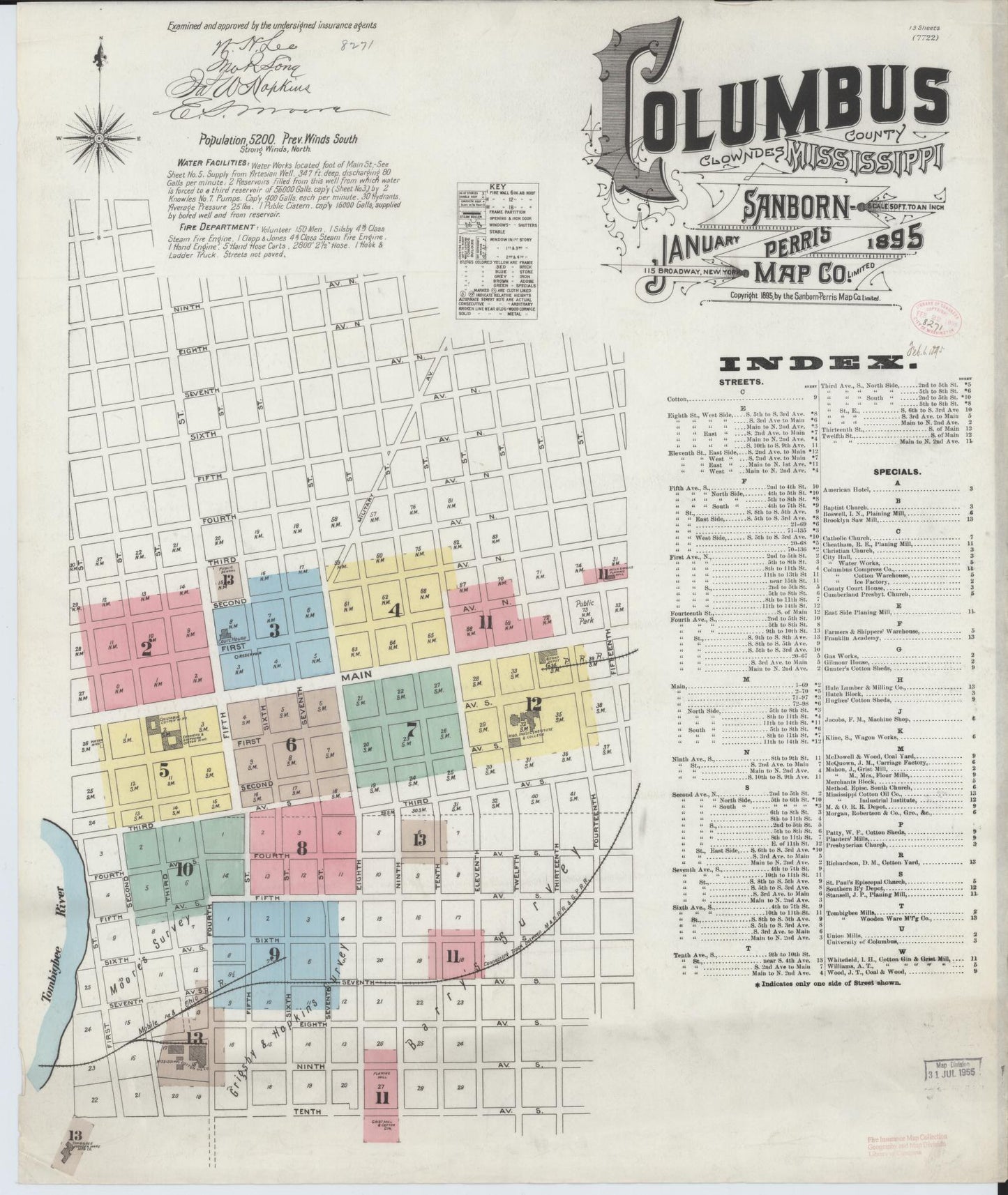 Sanborn Fire Insurance Map from Columbus, Lowndes County, Mississippi (1895), Sheet #0001 - Complete Map Set gallery image, historic Sanborn map, vintage wall art, Mississippi Mississippi