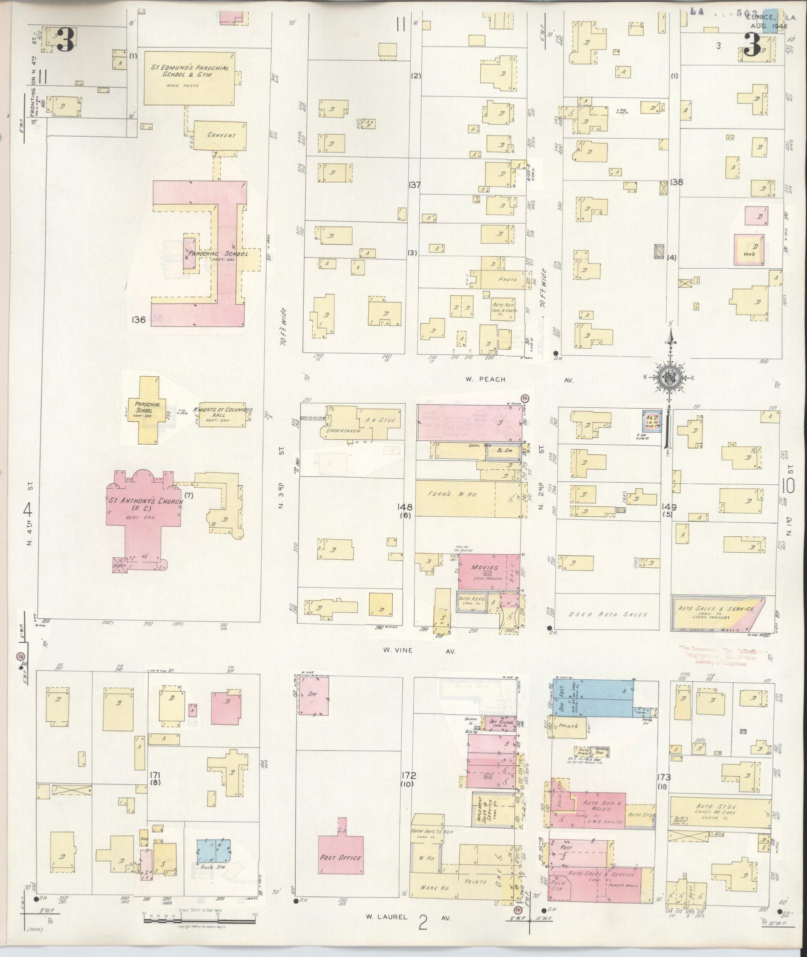 Sanborn Fire Insurance Map from Eunice, Saint Landry Parish, Louisiana (1950), Sheet #0003 - Complete Map Set gallery image, historic Sanborn map, vintage wall art, Louisiana Louisiana