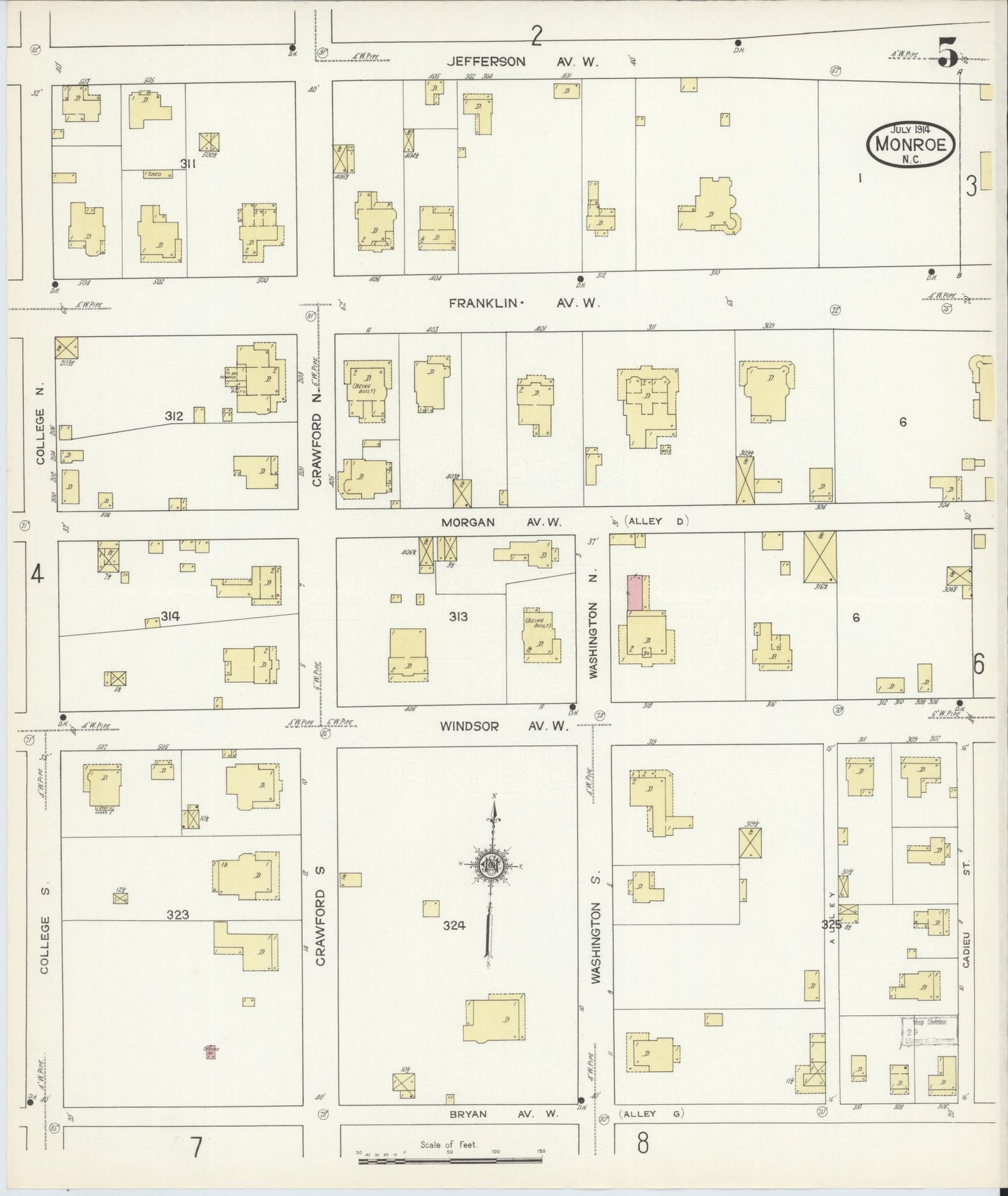 Sanborn Fire Insurance Map from Monroe, Union County, North Carolina (1914), Sheet #0005 - Historic Sanborn Fire Insurance Map Print, vintage old map wall art, antique decor, genealogy gift, North Carolina North Carolina map