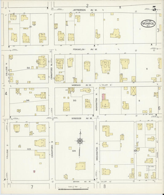 Sanborn Fire Insurance Map from Monroe, Union County, North Carolina (1914), Sheet #0005 - Historic Sanborn Fire Insurance Map Print, vintage old map wall art, antique decor, genealogy gift, North Carolina North Carolina map