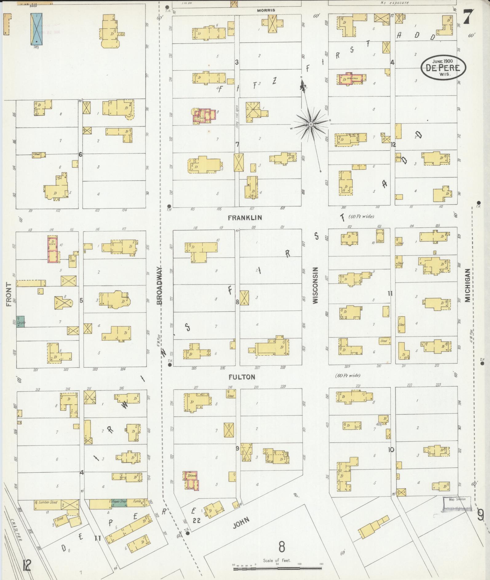 Sanborn Fire Insurance Map from De Pere, Brown County, Wisconsin (1900), Sheet #0007 - Complete Map Set gallery image, historic Sanborn map, vintage wall art, Wisconsin Wisconsin