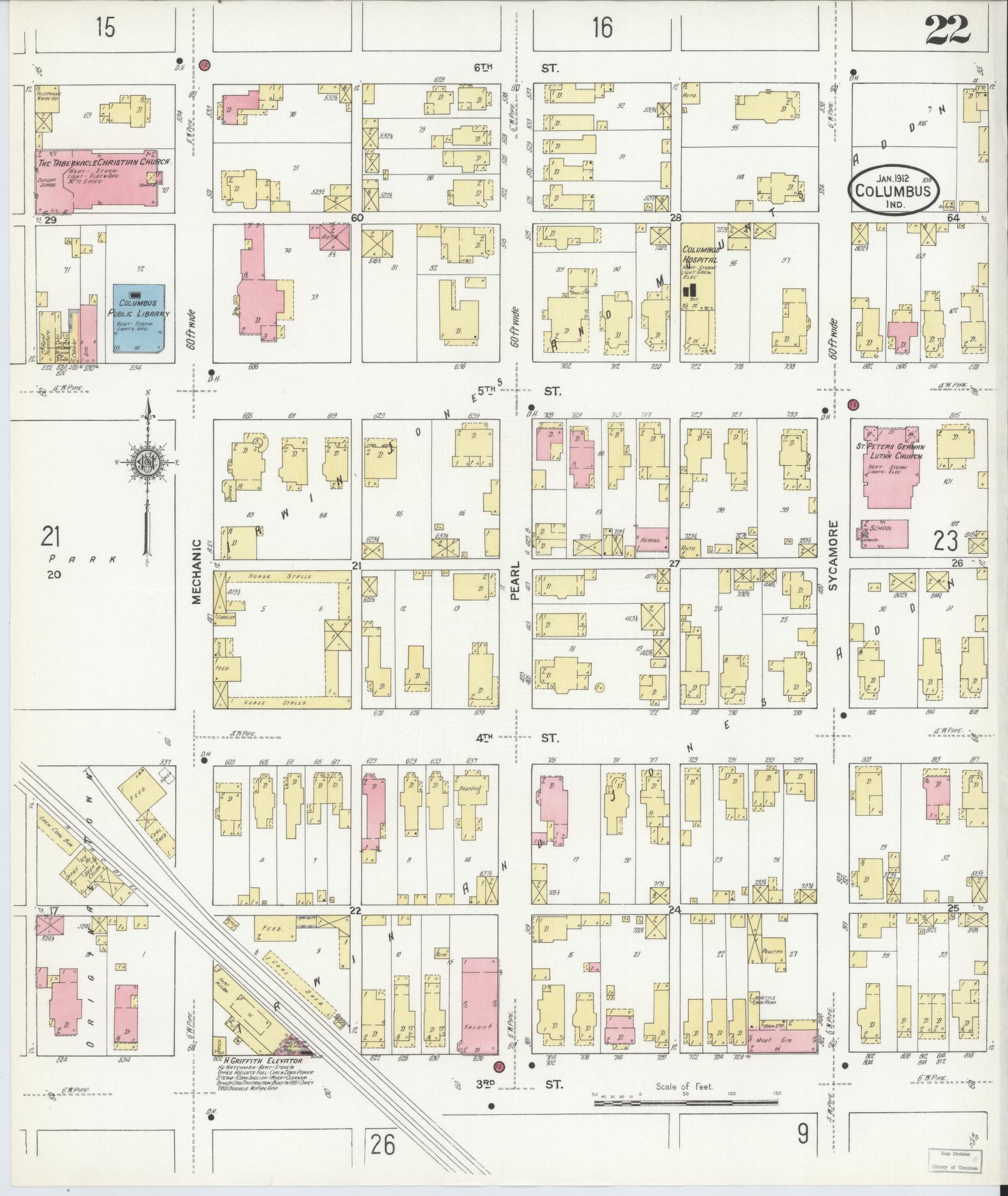 Sanborn Fire Insurance Map from Columbus, Bartholomew County, Indiana (1912), Sheet #0022 - Historic Sanborn Fire Insurance Map Print, vintage old map wall art, antique decor, genealogy gift, Indiana Indiana map