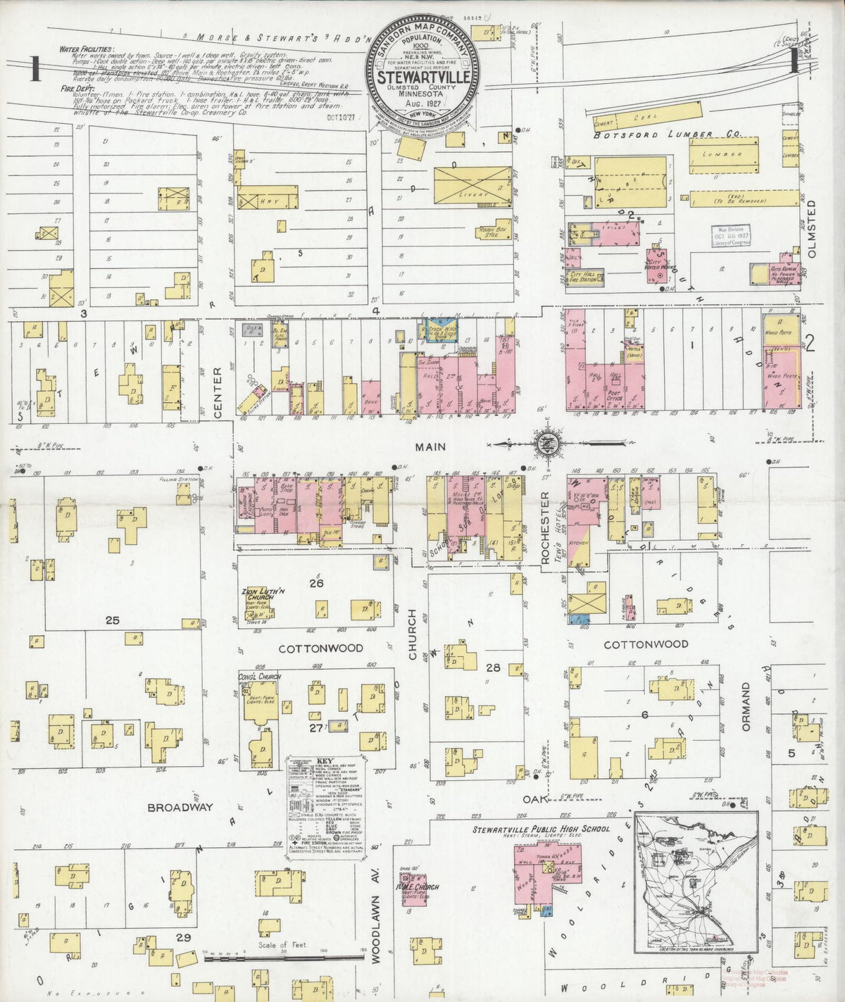 Sanborn Fire Insurance Map from Stewartville, Olmsted County, Minnesota (1927), Sheet #0001 - Historic Sanborn Fire Insurance Map Print, vintage old map wall art, antique decor, genealogy gift, Minnesota Minnesota map