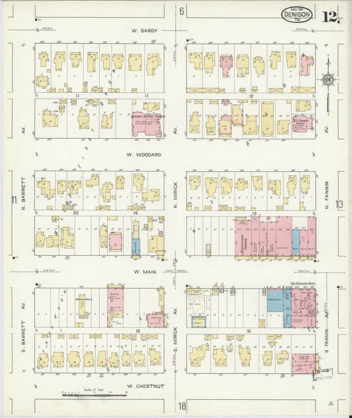 Sanborn Fire Insurance Map from Denison, Grayson County, Texas (1914), Sheet #0012 - Complete Map Set gallery image, historic Sanborn map, vintage wall art, Texas Texas