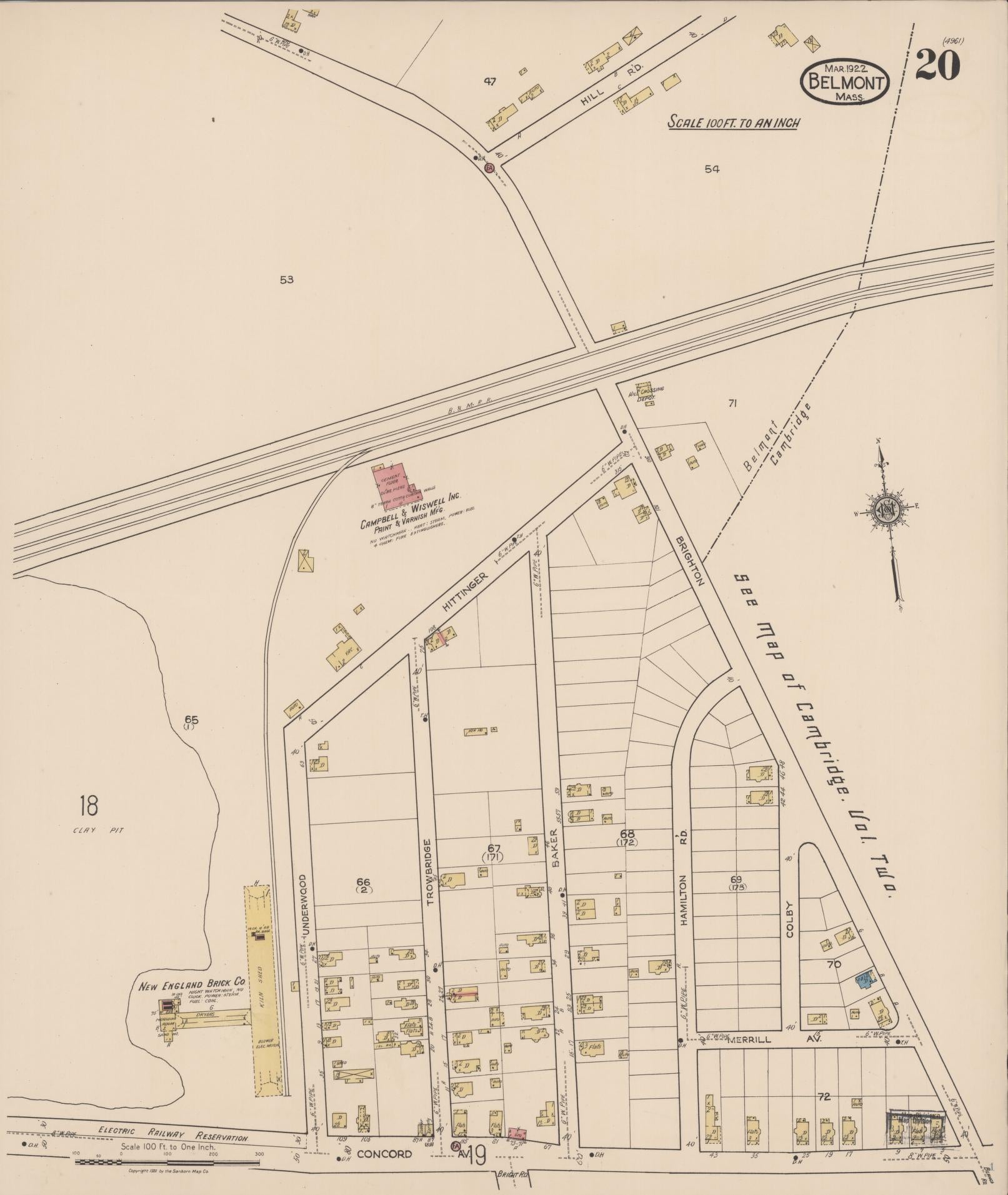 Sanborn Fire Insurance Map from Belmont, Middlesex County, Massachusetts (1922), Sheet #0020 - Historic Sanborn Fire Insurance Map Print, vintage old map wall art, antique decor, genealogy gift, Massachusetts Massachusetts map