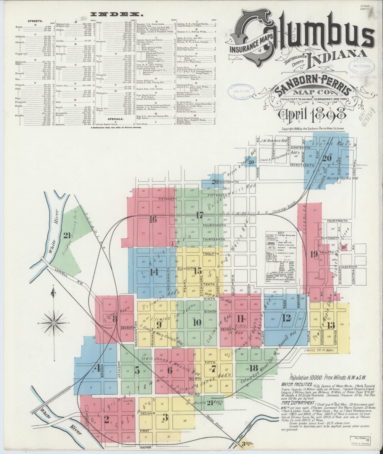 Sanborn Fire Insurance Map from Columbus, Bartholomew County, Indiana (1898), Sheet #0001 - Complete Map Set gallery image, historic Sanborn map, vintage wall art, Indiana Indiana