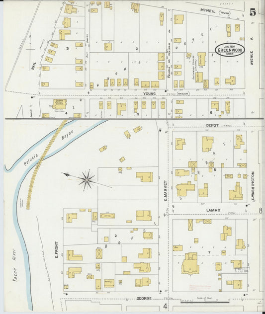 Sanborn Fire Insurance Map from Greenwood, Leflore County, Mississippi (1905), Sheet #0005 - Historic Sanborn Fire Insurance Map Print, vintage old map wall art, antique decor, genealogy gift, Mississippi Mississippi map