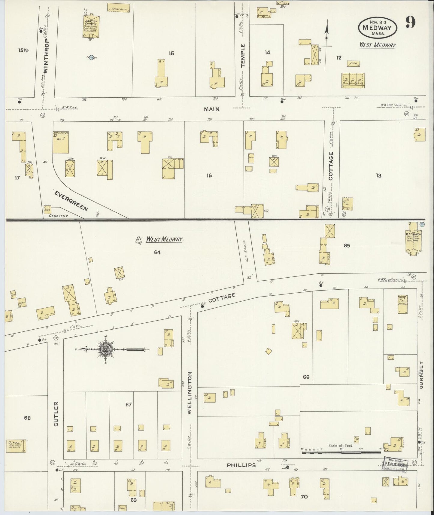 Sanborn Fire Insurance Map from Medway, Norfolk County, Massachusetts (1910), Sheet #0009 - Complete Map Set gallery image, historic Sanborn map, vintage wall art, Massachusetts Massachusetts