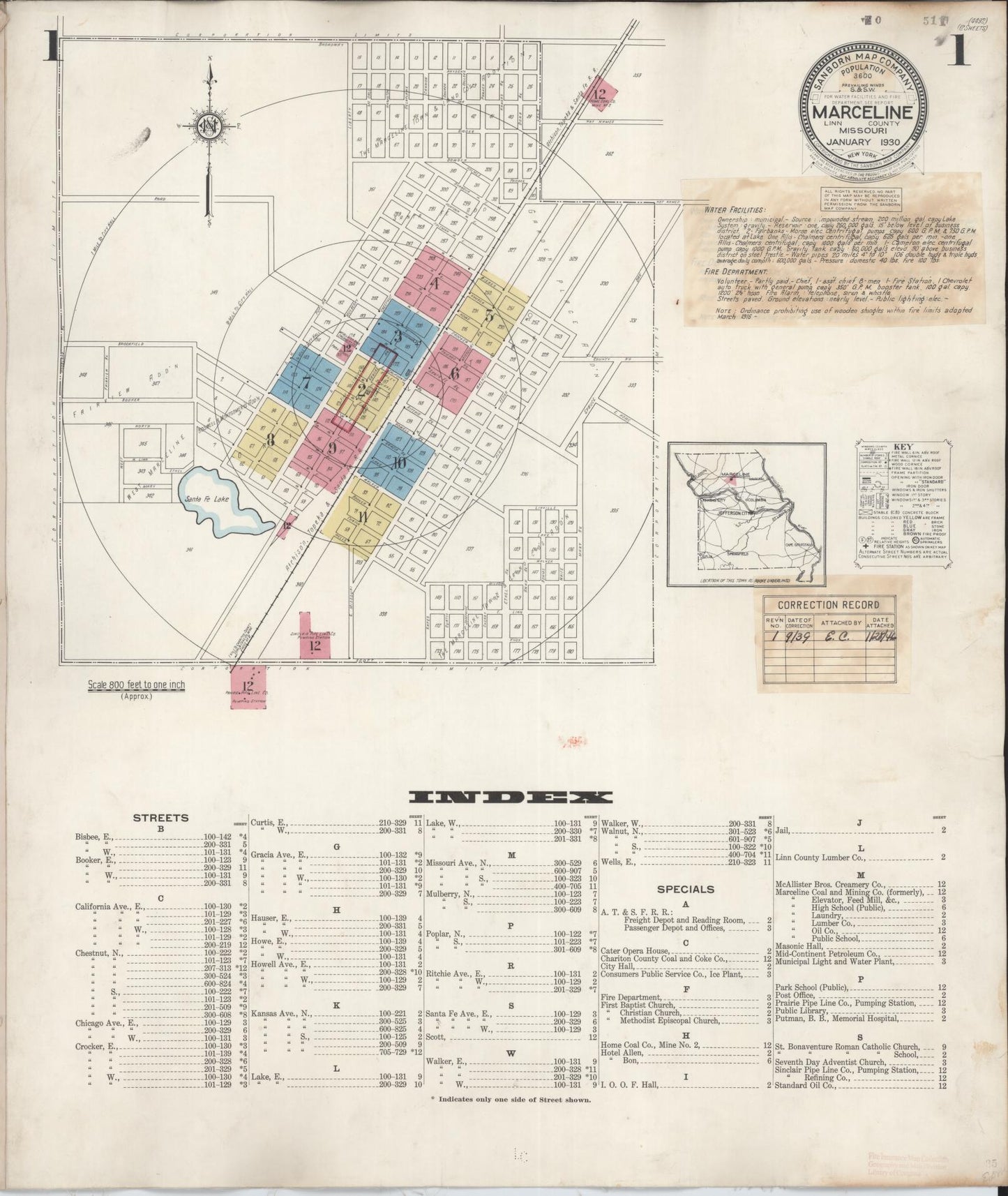 Sanborn Fire Insurance Map from Marceline, Linn County, Missouri (1939), Sheet #0001 - Historic Sanborn Fire Insurance Map Print, vintage old map wall art, antique decor, genealogy gift, Missouri Missouri map