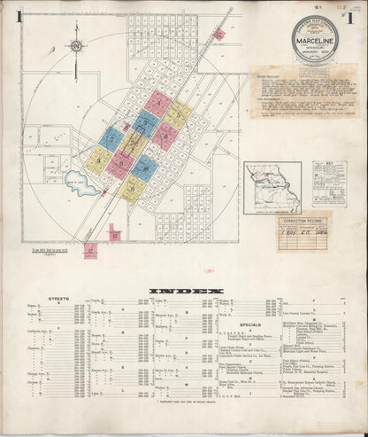 Sanborn Fire Insurance Map from Marceline, Linn County, Missouri (1939), Sheet #0001 - Historic Sanborn Fire Insurance Map Print, vintage old map wall art, antique decor, genealogy gift, Missouri Missouri map