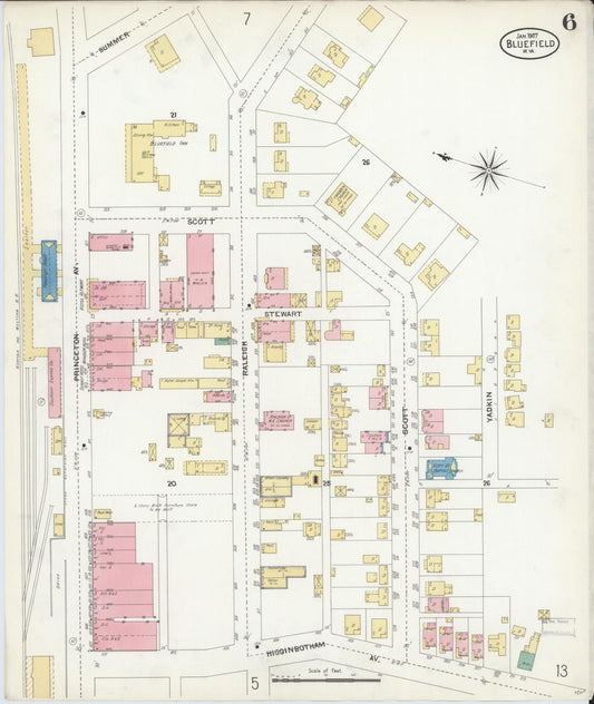 Sanborn Fire Insurance Map from Bluefield, Mercer County, West Virginia (1907), Sheet #0006 - Historic Sanborn Fire Insurance Map Print, vintage old map wall art, antique decor, genealogy gift, West Virginia West Virginia map