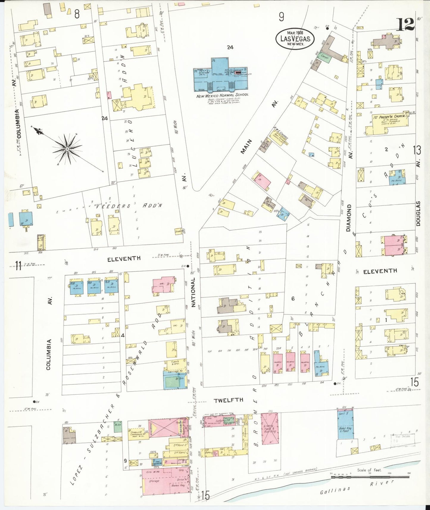 Sanborn Fire Insurance Map from Las Vegas, San Miguel County, New Mexico (1908), Sheet #0012 - Complete Map Set gallery image, historic Sanborn map, vintage wall art, New Mexico New Mexico