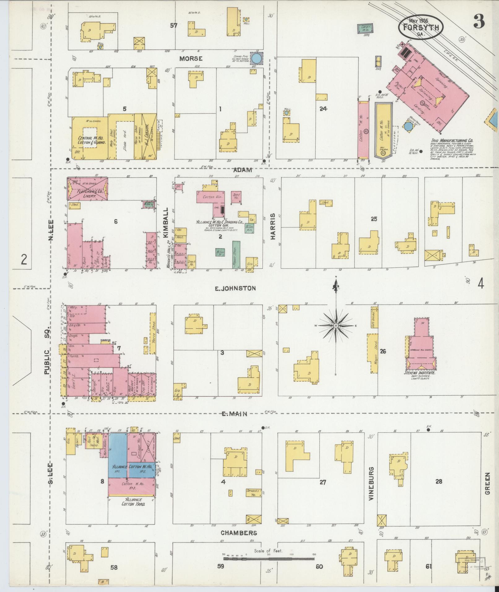 Sanborn Fire Insurance Map from Forsyth, Monroe County, Georgia (1905), Sheet #0003 - Historic Sanborn Fire Insurance Map Print, vintage old map wall art, antique decor, genealogy gift, Georgia Georgia map