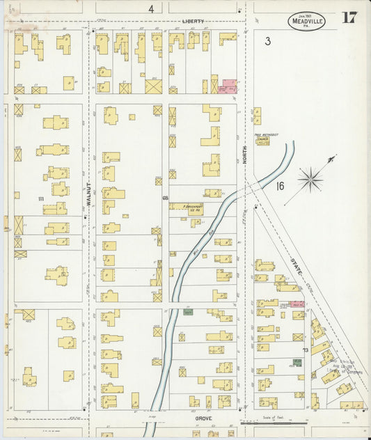 Sanborn Fire Insurance Map from Meadville, Crawford County, Pennsylvania (1901), Sheet #0017 - Historic Sanborn Fire Insurance Map Print, vintage old map wall art, antique decor, genealogy gift, Pennsylvania Pennsylvania map