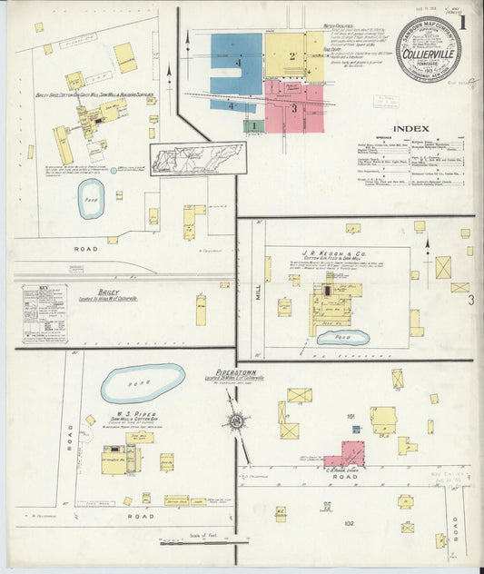 Sanborn Fire Insurance Map from Collierville, Shelby County, Tennessee (1913), Sheet #0001 - Historic Sanborn Fire Insurance Map Print, vintage old map wall art, antique decor, genealogy gift, Tennessee Tennessee map