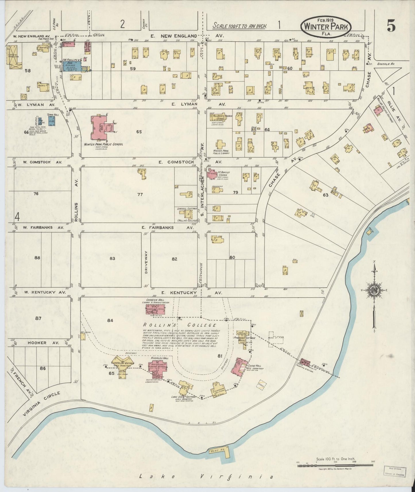 Sanborn Fire Insurance Map from Winter Park, Orange County, Florida (1919), Sheet #0005 - Complete Map Set gallery image, historic Sanborn map, vintage wall art, Florida Florida