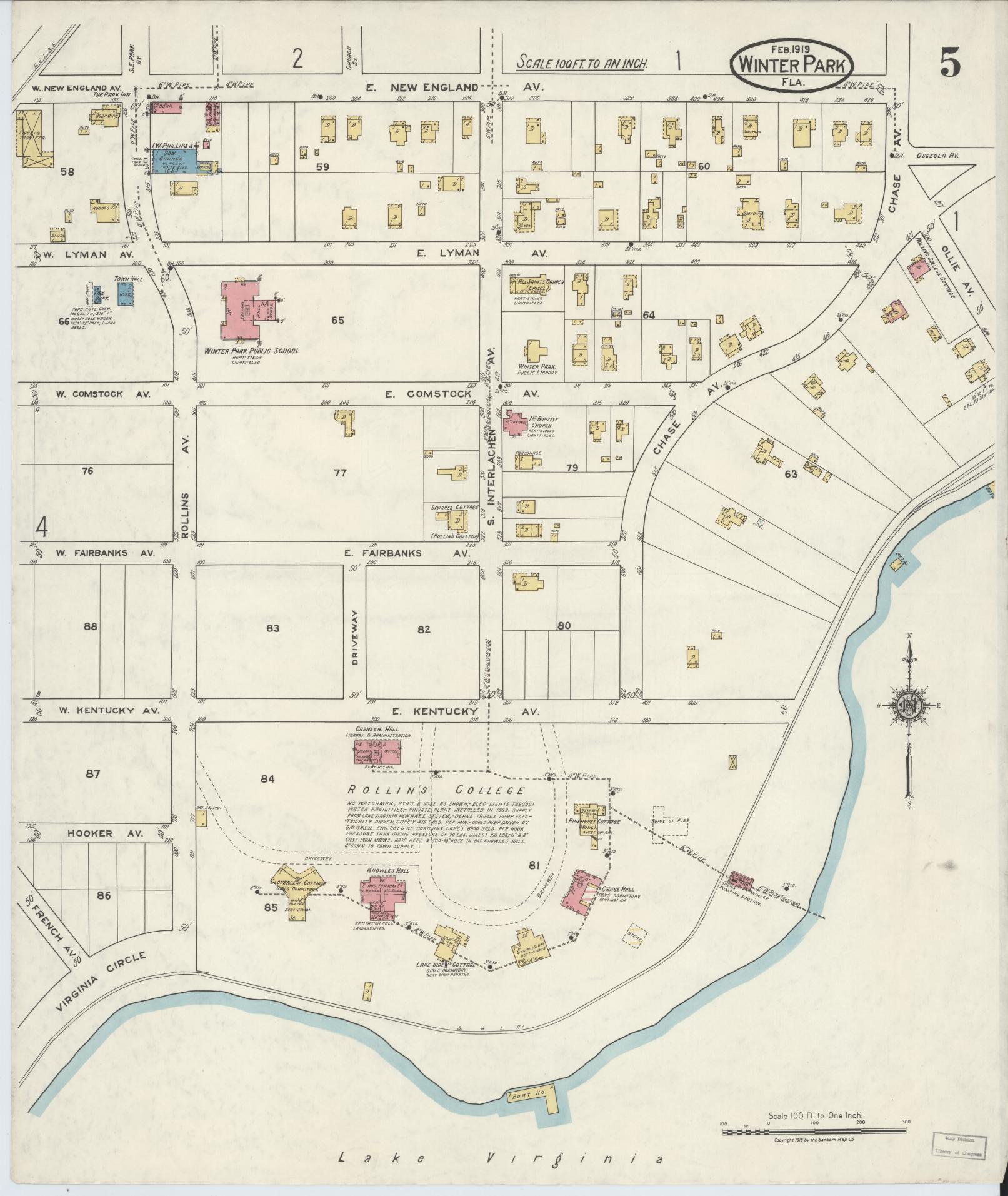 Sanborn Fire Insurance Map from Winter Park, Orange County, Florida (1919), Sheet #0005 - Complete Map Set gallery image, historic Sanborn map, vintage wall art, Florida Florida