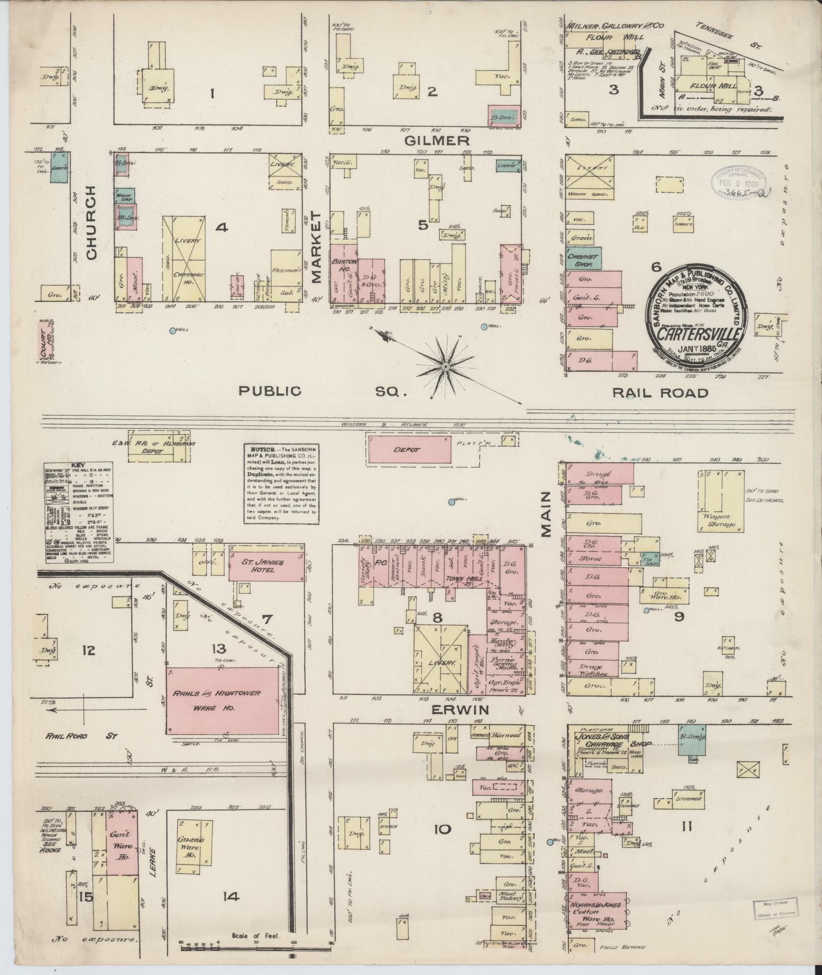 Sanborn Fire Insurance Map from Cartersville, Bartow County, Georgia (1885), Sheet #0001 - Historic Sanborn Fire Insurance Map Print, vintage old map wall art, antique decor, genealogy gift, Georgia Georgia map
