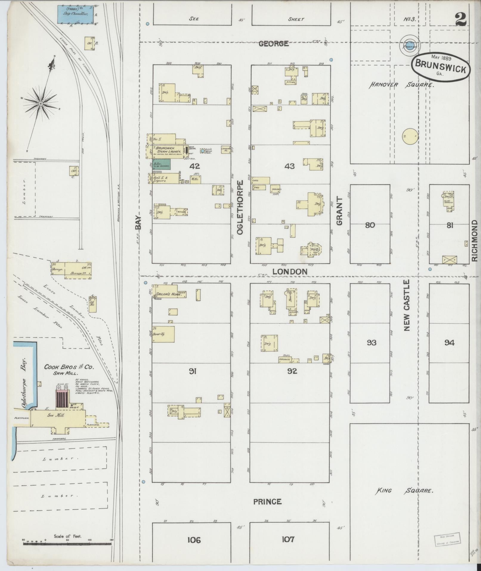 Sanborn Fire Insurance Map from Brunswick, Glynn County, Georgia (1889), Sheet #0002 - Historic Sanborn Fire Insurance Map Print, vintage old map wall art, antique decor, genealogy gift, Georgia Georgia map