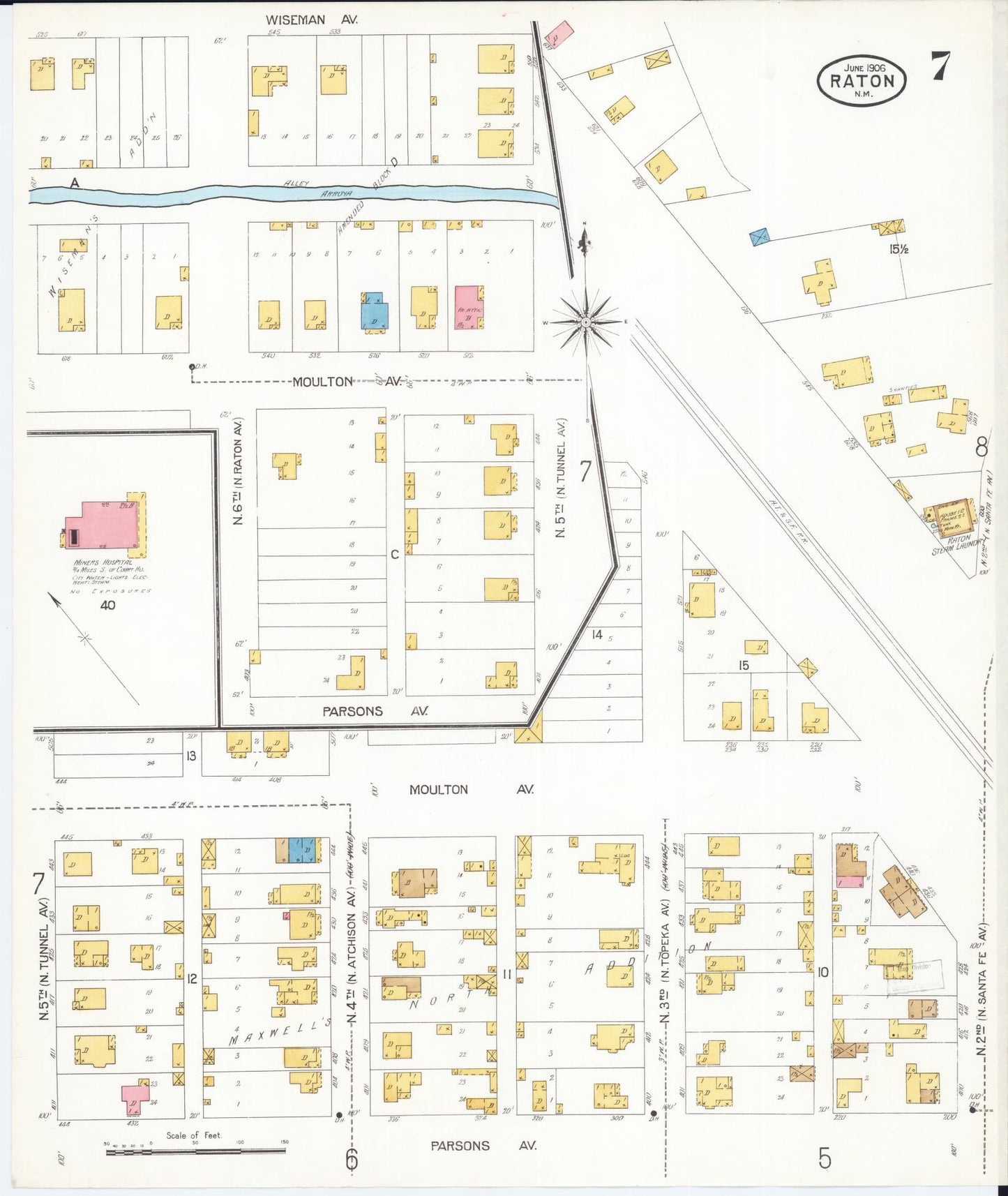 Sanborn Fire Insurance Map from Raton, Colfax County, New Mexico (1906), Sheet #0007 - Historic Sanborn Fire Insurance Map Print, vintage old map wall art, antique decor, genealogy gift, New Mexico New Mexico map