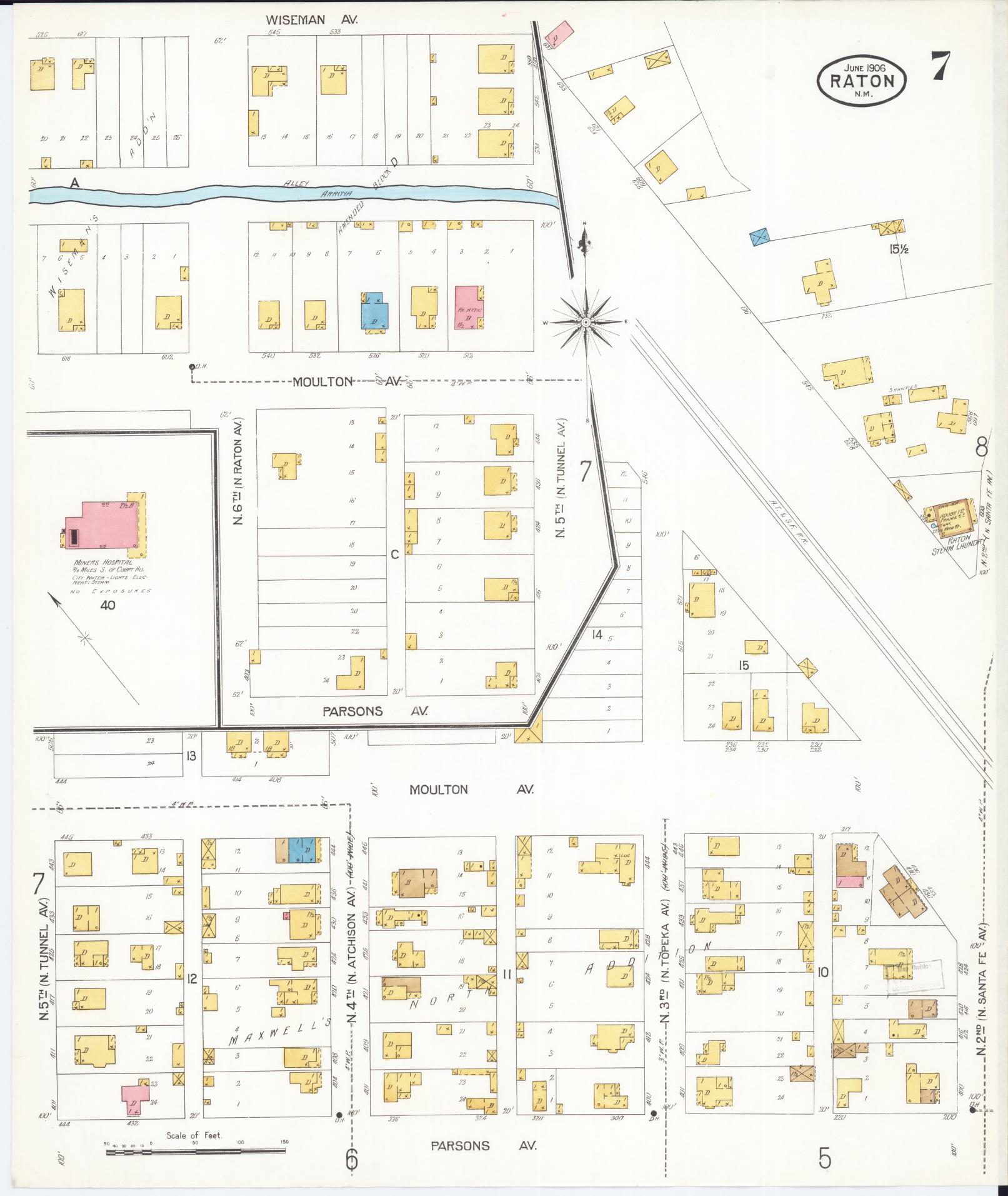 Sanborn Fire Insurance Map from Raton, Colfax County, New Mexico (1906), Sheet #0007 - Historic Sanborn Fire Insurance Map Print, vintage old map wall art, antique decor, genealogy gift, New Mexico New Mexico map