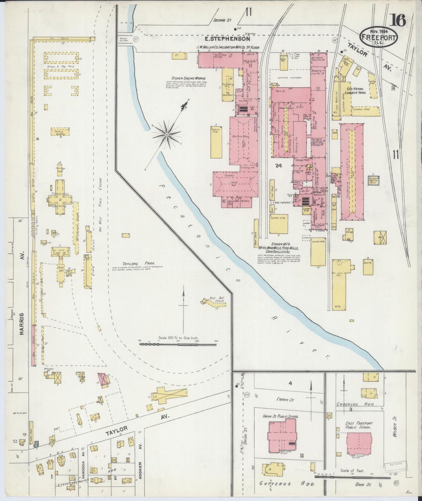 Sanborn Fire Insurance Map from Freeport, Stephenson County, Illinois (1904), Sheet #0016 - Historic Sanborn Fire Insurance Map Print, vintage old map wall art, antique decor, genealogy gift, Illinois Illinois map