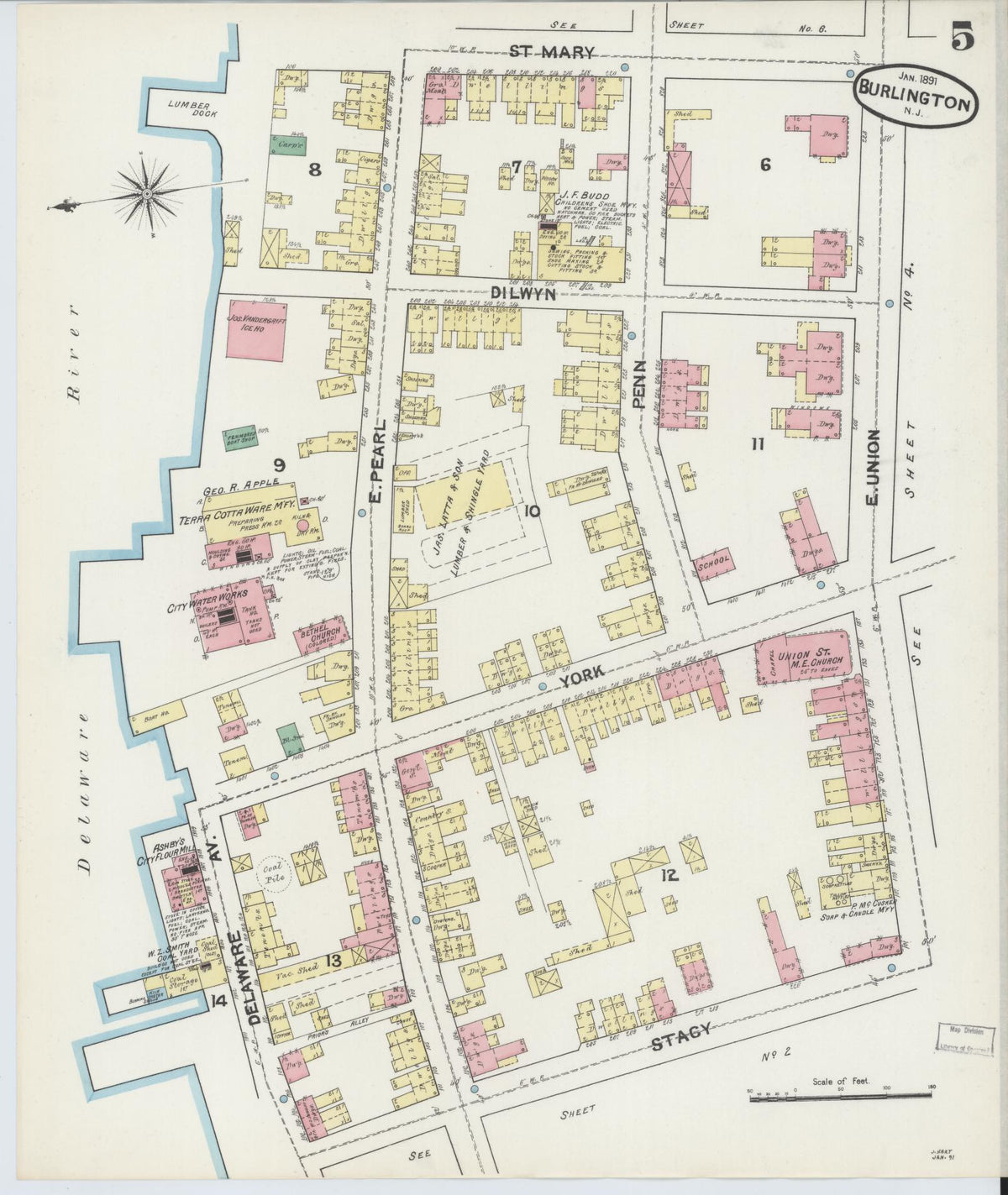 Sanborn Fire Insurance Map from Burlington, Burlington County, New Jersey (1891), Sheet #0005 - Complete Map Set gallery image, historic Sanborn map, vintage wall art, New Jersey New Jersey