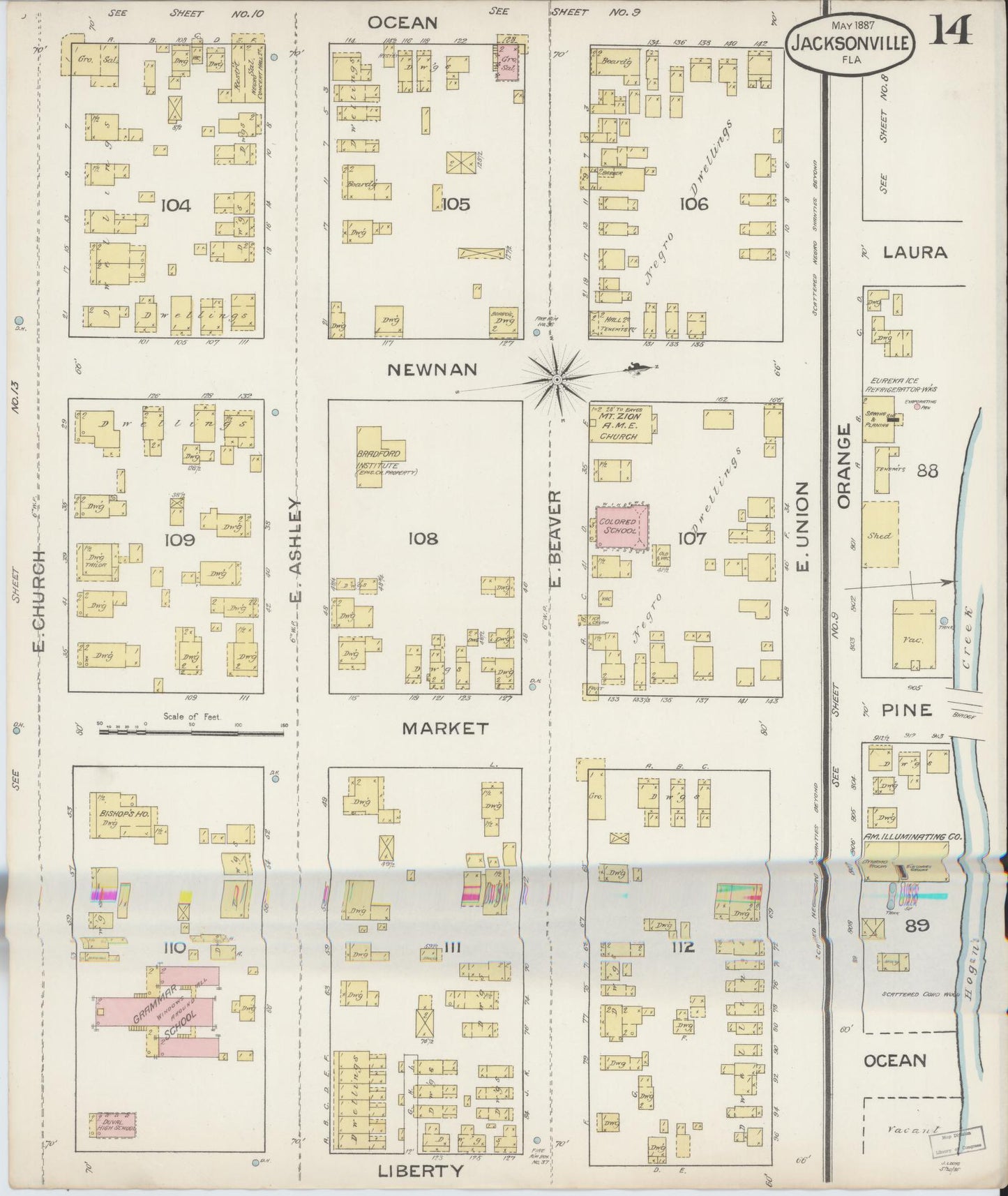 Sanborn Fire Insurance Map from Jacksonville, Duval County, Florida (1887), Sheet #0014 - Complete Map Set gallery image, historic Sanborn map, vintage wall art, Florida Florida